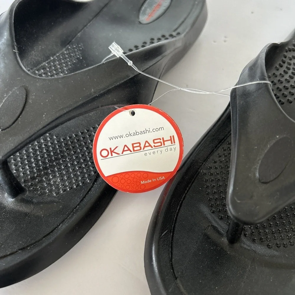 NWT Okabashi Sandals Sport Surf Flip Flops Black Beach Travel USA M 9-10 W 11-12